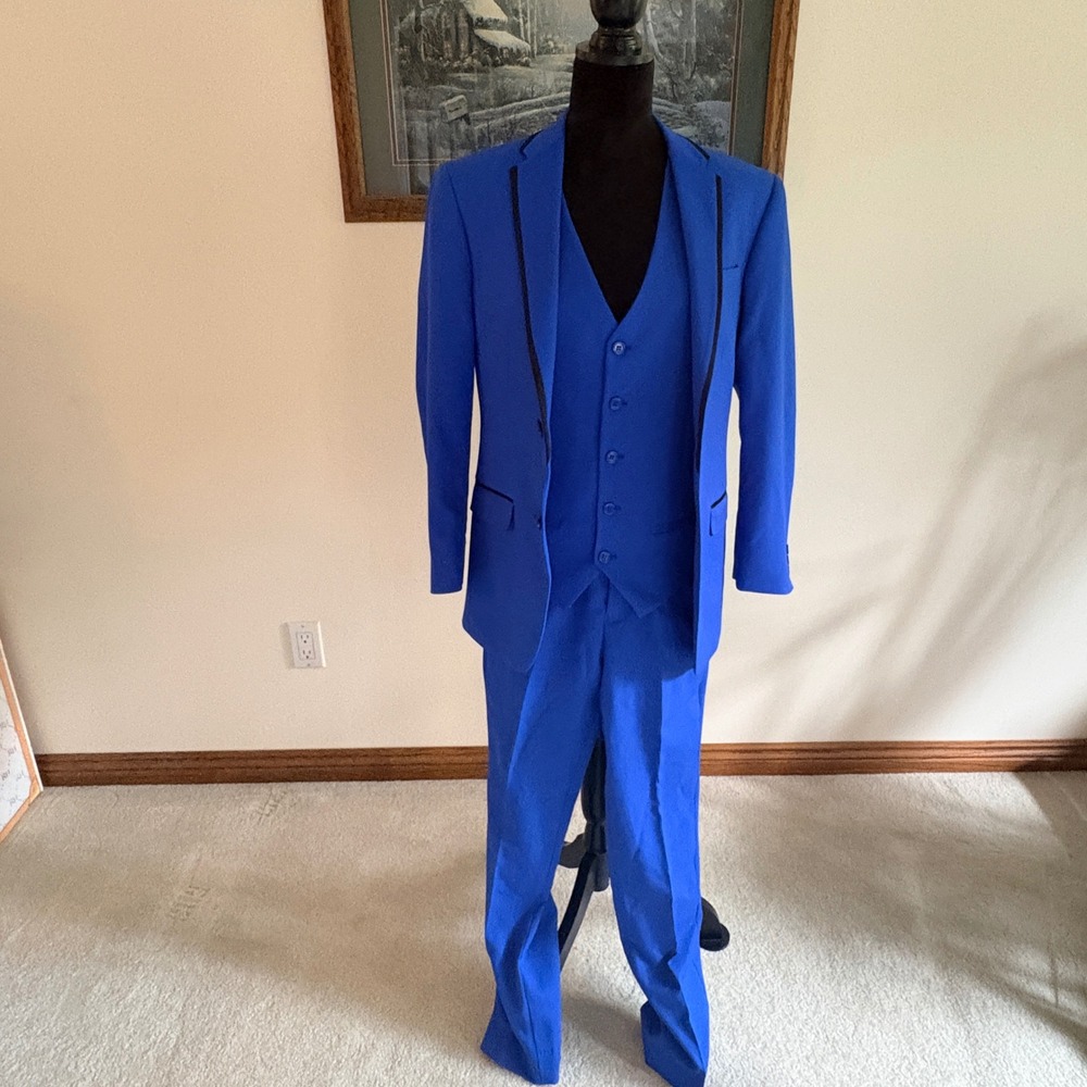 Retro Paris 3 Piece Suit Mens Small Royal Blue Slim Fit Jacket Vest Pants Formal